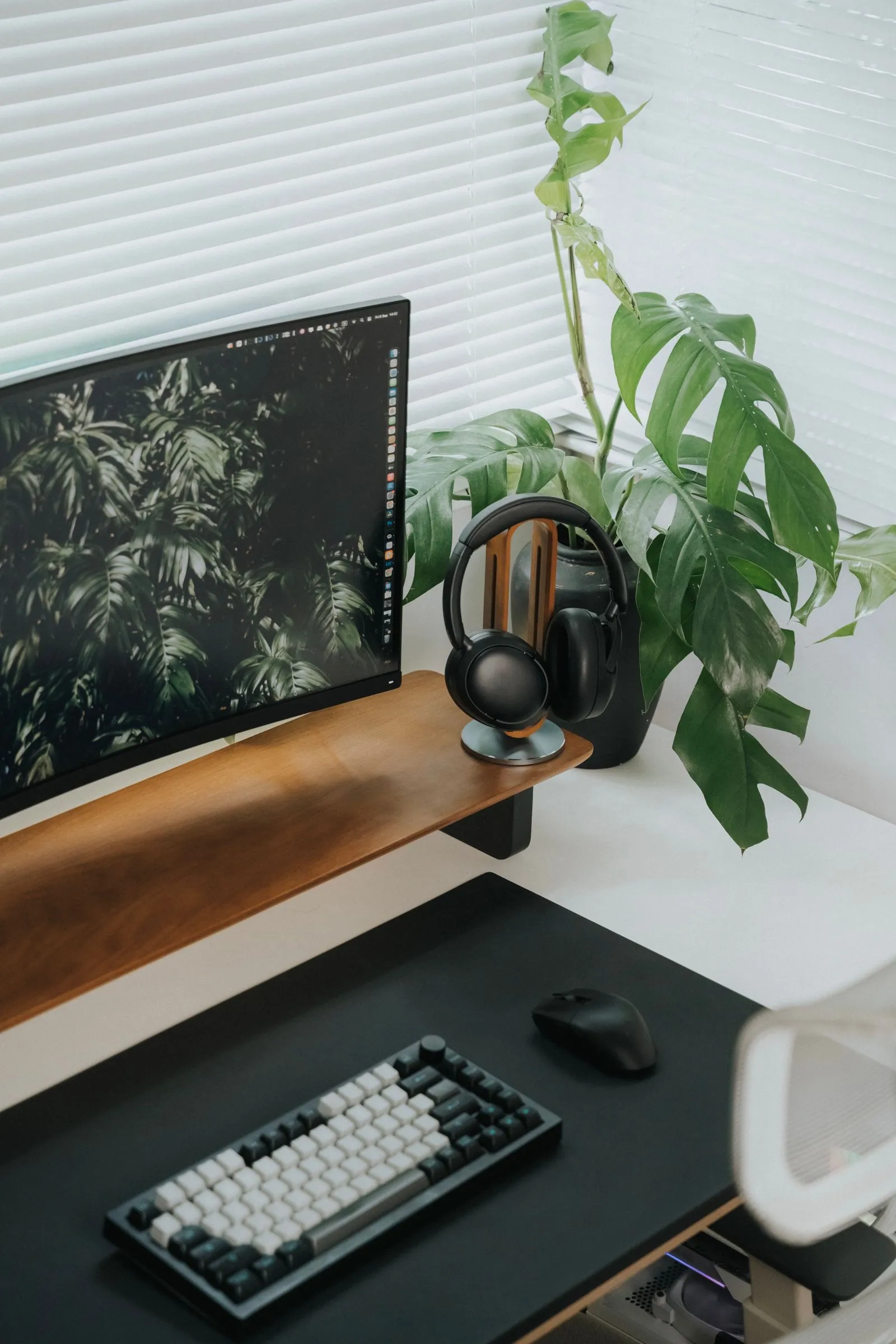 A curved monitor on a wooden shelf riser beside a window with white blinds, a headphone stand holding black over-ear headphones, a leafy potted plant, and a compact keyboard and mouse on a black desk mat.